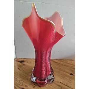 Large Vintage Murano Red Glass Vase Barovier & Toso Silver Leaf Encased  11"